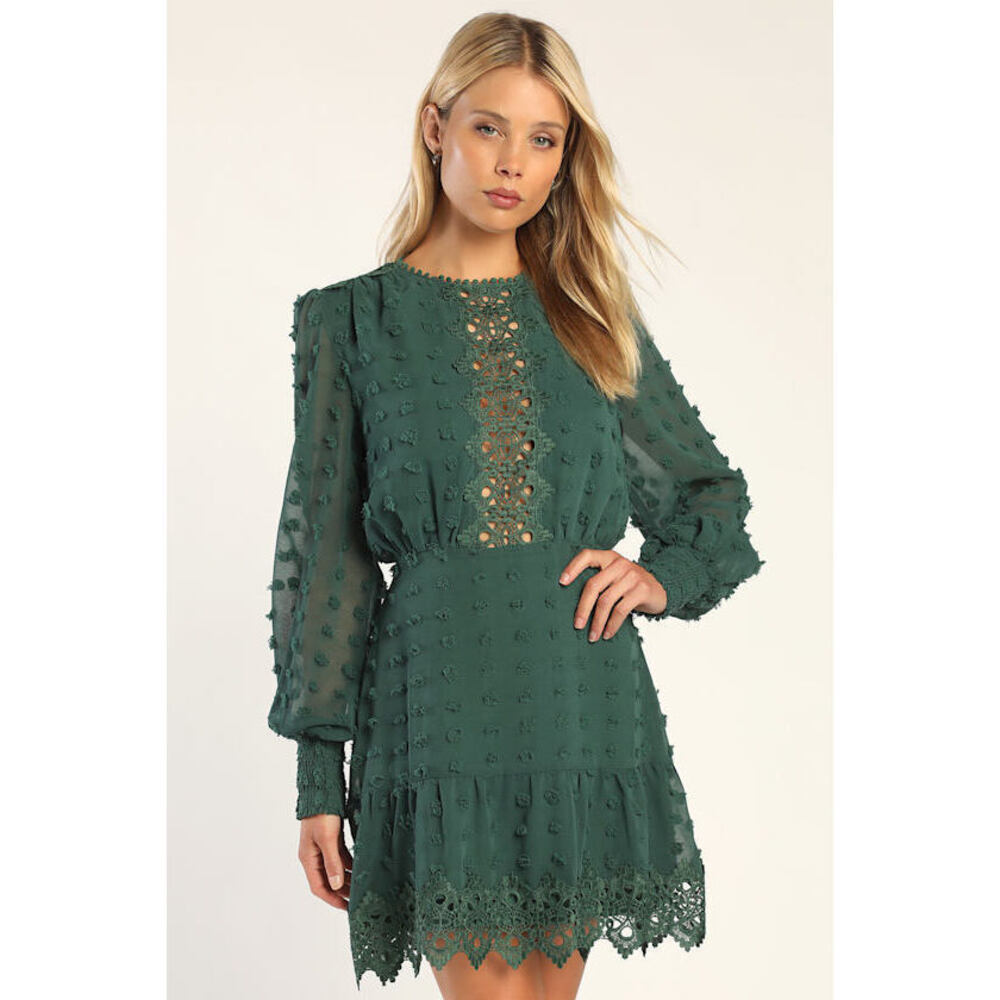 Lulus Lust Or Love Emerald Green Embroidered Lace Long Sleeve Dress - Size XL